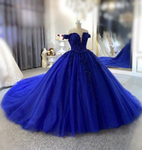 Sparkling Off Shoulder Applique Decorated Royal Blue Quinceanera Dress Cathedral Train