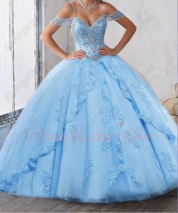 Dual Straps Beaded Bodice Gathered Tulle Appliques Skirt Sweep Train Quinceanera Gowns