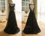 Nude Tulle Bodice Beaded Appliques Black Chiffon Skirt Formal Party Gowns Decent