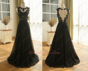 Nude Tulle Bodice Beaded Appliques Black Chiffon Skirt Formal Party Gowns Decent