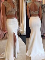 V Neck Spakle Beading Nude Bodice Keyhole Back Two Pieces Slit Skirt White Prom Gown