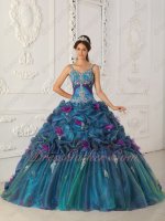 Designer Spaghetti Straps Teal Duotone/Bicolourable Quince Gown Handmade Flowers