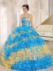 Fashion Cakes Skirt Azure Sky Blue and Gold Oblique Layers Quinceanera Ball Gown