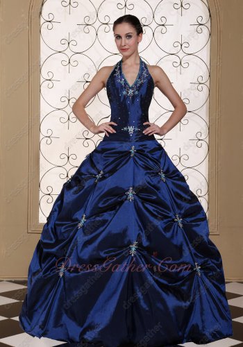 Halter Top Navy Blue Taffeta Silver Embroidery Featured Quinceanera Gowns With Slip