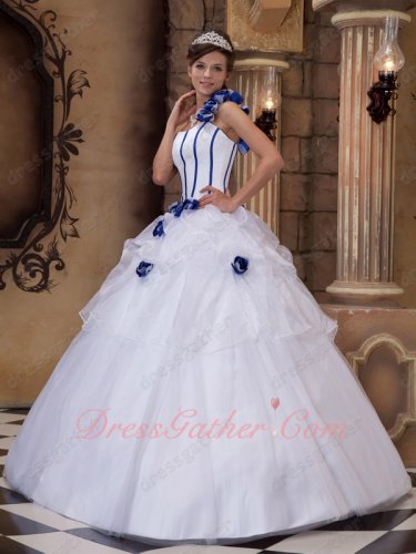 Royal Blue Flowers Single Shoulder Pure White Quinceanera Ball Gown Princess Slender