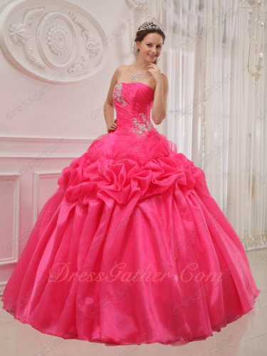 Rolled Flabellum Flowers Decorate Top Designer Quinceanera Hot Pink Shiny Organza