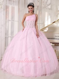 One Shoulder Baby Pink Organza Corset Back Quinceanera Gowns Dress Princess Like