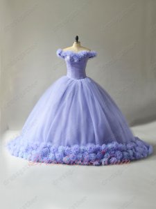 Lavender Tulle Handmade 3D Flower Cathedral Train Fairyland Quinceanera Ball Gown