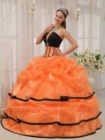 Mature Strapless Cake Quinceanera Dress Orange Bubble With Black Bordure