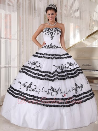 Typical White With Black Embroidery Quinceanera Party Dress Ready For Women