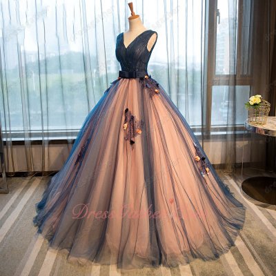 Navy Blue and Blush Lining Floor Length Puffy Flowing Quinceanera Ball Gown Princess