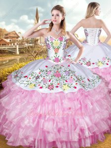 Layers Pink Ruffles White Embroidery Upper Part Her Court Quinceanera Gown Western