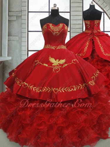 Gold Eagle Embroidery Decorate Red Western Quince Gown Organza Wavy Ruffles Hemline