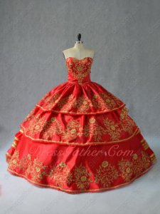 Vintage Western Gold Embroidery Layers Red Quinceanera Ball Gown Queen Princess