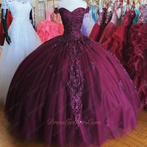 Vivacious Sweetheart Off Shoulder Burgundy Tulle Quinceanera Ball Gown Applique Detail