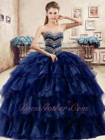 Navy Organza and Tulle Mixed Layers Cake Ball Gown For Quinceaneara Ceremony Party