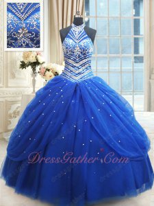 Halter Top Neck Silver Embroidery Royal Blue Vestidos De Ball Gown Free Shipping