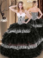 Zebra Fabric and Black Organza Successive Birthday Cake Layers Quinceanera Ball Gown