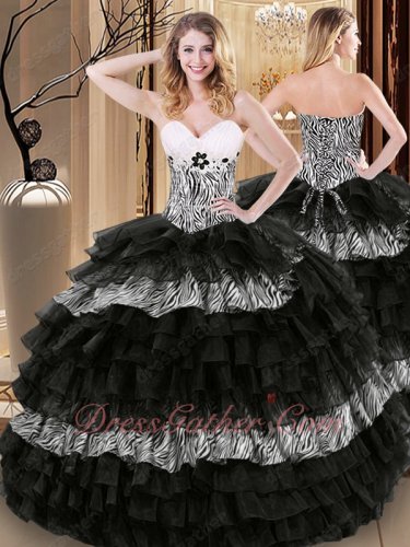 Zebra Fabric and Black Organza Successive Birthday Cake Layers Quinceanera Ball Gown
