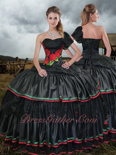 Single Short Lace Sleeve Black Gothic Quinceanera Ball Gown With Embroidery