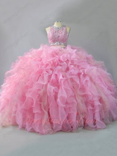 Two Pieces Scoop Blouse Sparkling Tulle and Organza Ruffles Quinceanera Ball Gown Pink