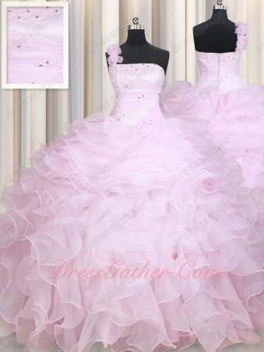One Shoulder Folds Corset Half Layers and Ruffles Quinceanera Gown Baby Pink Elegant