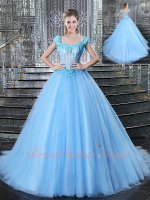 Baby Blue See Through Sheer Bodice Sexy Summer Quinceanera Ball Gown Cathedral Train