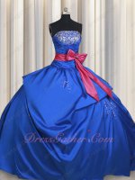 Girls to Women Ceremony Taffeta Quinceanera Court Gown Royal Blue With Fuchsia Bowknot