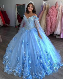 Attractive Crowd 3D Flowers Baby Blue Quinceanera Dress XV Party Instagram