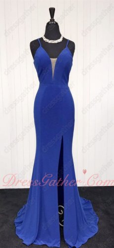 Spaghetti Straps Sexy Split Spandex Mermaid Banquet Dress In Royal Blue