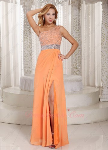 Captivating One Strap Bright Orange Waltz Dancing Gathering Dress Silver Beading