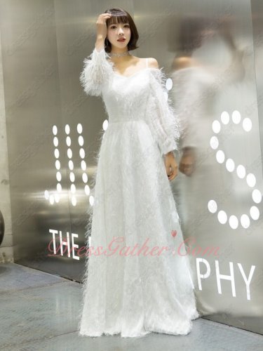 New Fabric Luxury Sparkle Feather White Prom Dress Off Shouler V Neck Spaghetti Straps
