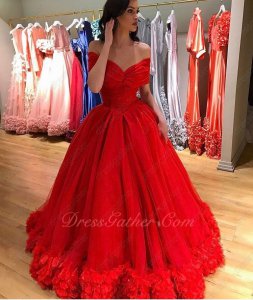 Portrait Shoulder Basque Waist Ball Gown With Handmade 3D Flowers Hemline