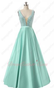 Glass Crystals V Neck Mint A-line Satin Sunny Day Outdoor Party Dress