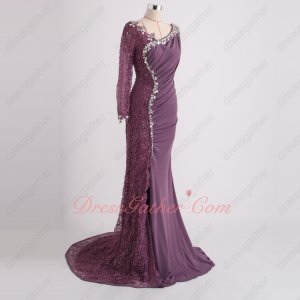 Half Lace Half Chiffon Grayish Purple Fall Prom Dress Single Long Sleeve