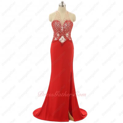 Complexion Transparent Scoop Open Back Red Evening Rite Dress Side Split Design