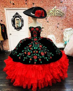 Embroidery and Ruffles Charro Mexican Style Quinceanera Anos Vestido Ball Gown Sweetheart