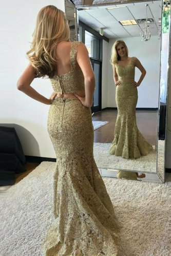 Dual Wide Straps V Neck Two Pieces Mermaid Champagne Gold Masque Prom Gowns By Lace