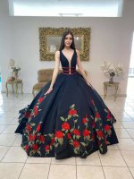 Sexy V-Shaped Hollow Out Black Sweet 16 Quinceanera Dress With Rosa Flowers