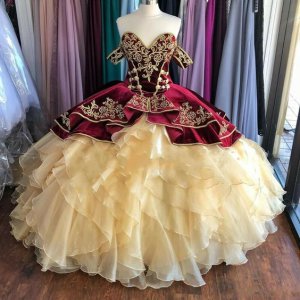 Ruffles Skirt and Peplum Overlay Charra Embroidery Quinceanera Dress Burgundy and Gold