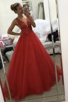Double Strap Nude and Red V-Shaped Open Back Selfie Prom Party Dress With 3D Floral Applique
