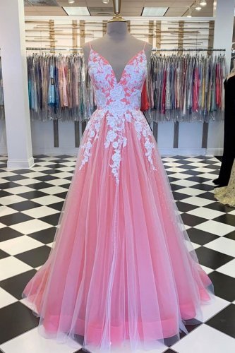Brand New A-line Bright Pink Prom Gathering Dress With Rose Pattern Applique