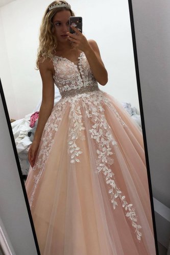 Crystal In Rows Belt Prom Gown Nude Tulle Accented With Off White Leaves Lace