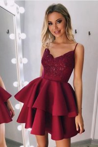 Dual Straps Two Layers Tiered Mini Skirt Graduation Homecoming Dress Cocktail Wine Red