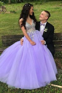 Elegant Fully Beaded Sheer Bodice A-Line Laveder Prom Evening Dress Light Purple