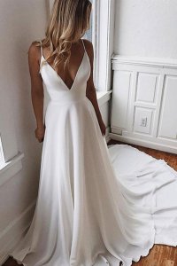 Captivating Deep V Neck Spaghetti Straps White Court Train Dancing Party Dress with Button Back
