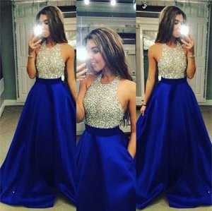 Stunning Beaded Hater Top A-line Voluminous Skirt Nude and Royal Blue Formal Prom Dress With Pockets