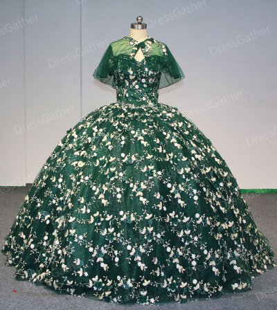 Beautiful Floral Lace 3D Flowers Emerald Green XV Quinceanera Dress and Cape