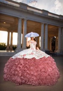 Off Shoulder Straps Dusty Rose Pinke Xv Charro Quinceanera Dress