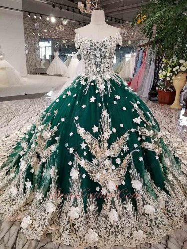Off Shoulder Hunter Green Tulle Champagne Lacework 3D Flowers Cathedral Train Wedding